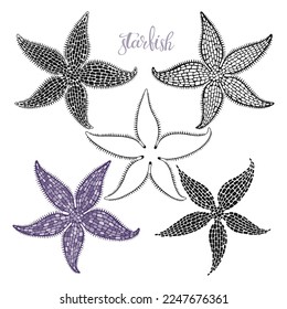 Starfish. Hand drawn vector illustration, 5 isolated  elements on white background. Perfect for menu decoration, invitation, card, poster and as a design element.