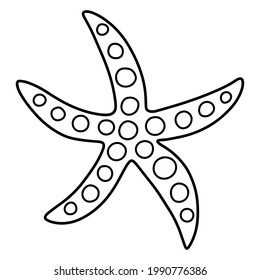 Starfish hand-drawn coloring page for children vector illustration. Funny doodle sea star black outline isolated on white. Funny marine creature with circles on top simple hand-drawn coloring page