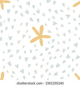 Starfish and heart seamless pattern Vector print with cute small fish Pastel colors Kids background.