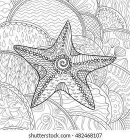 Starfish with high details. Adult antistress coloring page. Black white hand drawn doodle oceanic animal. Sketch for tattoo, poster, print, t-shirt in zendoodle style. Vector illustration.