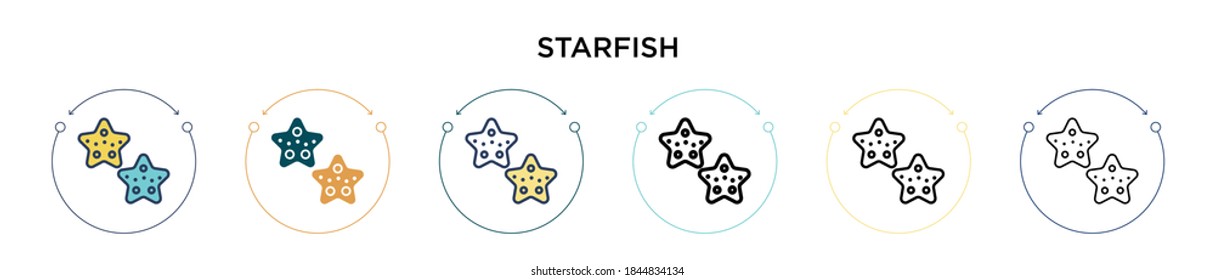 Starfish icon in filled, thin line, outline and stroke style. Vector illustration of two colored and black starfish vector icons designs can be used for mobile, ui, web