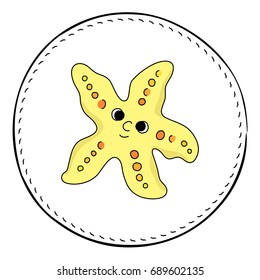 Starfish isolated on white background. Smiling star fish cartoon vector illustration. Underwater animal handdrawn patch. Starfish nursery drawing. Tropical sea animal clipart. Marine fauna character
