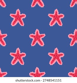 Starfish with Lace Seamless Pattern. Sparse Nautical Coastal Sea Blue Background with coquette Ocean creatures with rippled edges and dots. Drawn Flat vector illustration