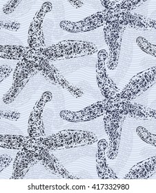 Starfish layered blue.Sea life scribbled pattern.Hand drawn with ink seamless background.Modern hipster style design.