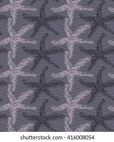 Starfish layered with waves.Sea life scribbled pattern.Hand drawn with ink seamless background.Modern hipster style design.