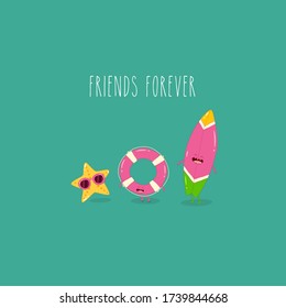 starfish lifebuoy surfboard friends forever. Summer time. Vector illustration. Cute, funny image. Use for card, poster, banner, web design and print on t-shirt. Easy to edit.