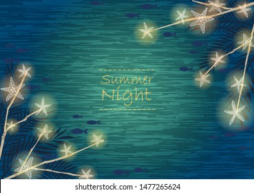 Starfish light party, coconut leaf and fish border background vector for decoration on summer night events.