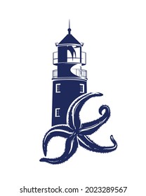 starfish and lighthouse tower blue and white vector monochrome outline for sea voyage concept