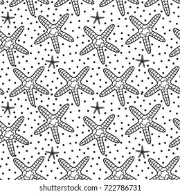 Starfish line art seamless pattern. Hand drawn design, vector illustration isolated on white background.