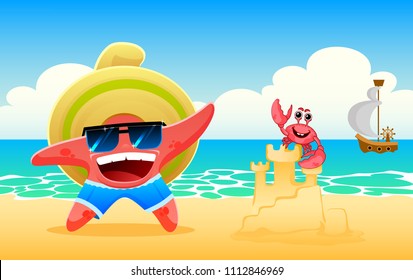 Starfish and little crab on the beach. Merry starfish with sunglasses and thatch panama. Vector illustration.