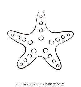 Starfish logo in line art style. Undersea sketch of seashell for icon in outline sketch style. Vector illustration isolated on a white background.