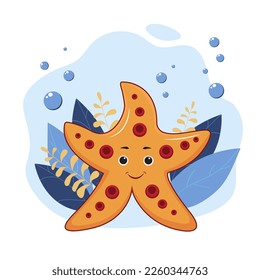 Starfish, marine animals underwater. Colorful, cute vector background for clothes, pictures, wallpapers, puzzles