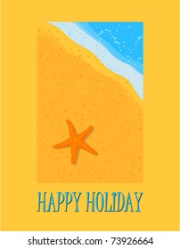 Starfish on the beach -card. Vector illustration.