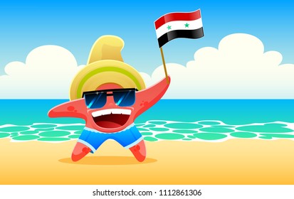 Starfish on the beach with the country's Syria flag.