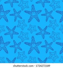 Starfish on blue backdrop. Coral reef animal seamless pattern for wallpaper, wrap paper, sleeper, bath tile, apparel or bed linen. Phone case or cloth print. Doodle style stock vector illustration