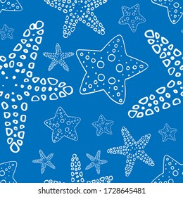 Starfish on blue backdrop. Coral reef creature seamless pattern for wallpaper, wrap paper, sleeper, bath tile, apparel or bed linen. Phone case or cloth print. Doodle style stock vector illustration