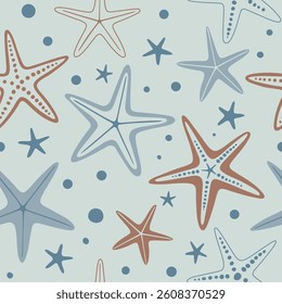 Starfish on a blue background, seamless pattern