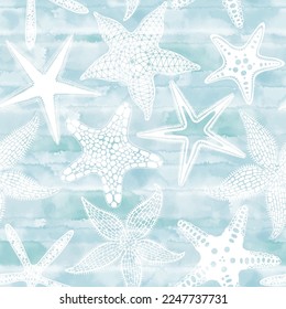 Starfish on blue watercolor background. Seamless vector pattern. Perfect for wallpaper, wrapping, fabric and textile. 