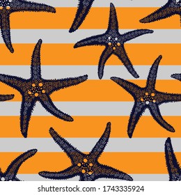  Starfish on bright stripes vector seamless pattern for decoration, wrapping paper, textile.