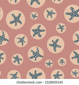 Starfish on dots vector seamless pattern in autumn colors for fabric, wallpaper, packaging, scrapbooking projects or backgrounds. Surface pattern design.