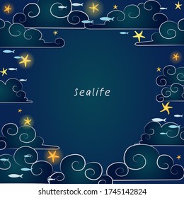 Starfish on the night sky and school of fish with cloud vector border for decoration on summer holiday.