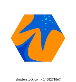 Starfish on sand at the beach. Hexagon vector modern illustration, summer time design element, blue and orange beach holiday symbol.