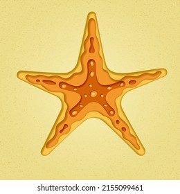 Starfish on the sand.Paper cut style. Marine wildlife concept.Vector illustration.