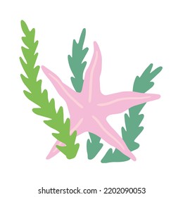 Starfish on seabed with rocks and algae. Decoration of water and ocean. Flat cartoon illustration isolated on white