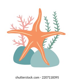 Starfish On Seabed With Rocks And Algae. Decoration Of Water And Ocean. Flat Cartoon Illustration Isolated On White