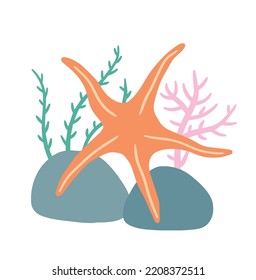 Starfish On Seabed With Rocks And Algae. Decoration Of Water And Ocean. Flat Cartoon Illustration Isolated On White