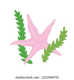 Starfish on seabed with rocks and algae. Decoration of water and ocean. Flat cartoon illustration isolated on white