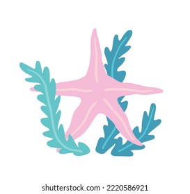 Starfish on seabed with rocks and algae. Decoration of water and ocean. Flat cartoon illustration isolated on white