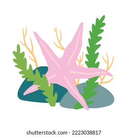 Starfish on seabed with rocks and algae. Decoration of water and ocean. Flat cartoon illustration isolated on white