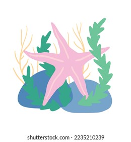 Starfish on seabed with rocks and algae. Decoration of water and ocean. Flat cartoon illustration isolated on white