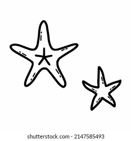 Starfish on white background. Vector icon with sea animals. Coloring book for kids. Doodle icon. Sketch illustration. Postcard decor element. Black sea star line.