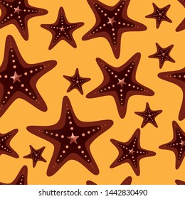 Starfish on a yellow background. Seamless pattern.
