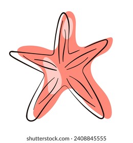 Starfish orange undersea in line art style. Starfish design for summer natural design, fish restaurants, seafood menu. Vector illustration isolated on a white background.