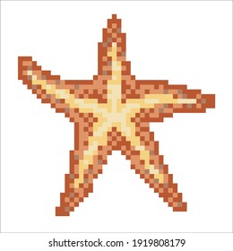Starfish pixel art yellow brown icon. Retro gaming cushion star vector illustration. 8 bit gold brow sea star on white background. 
