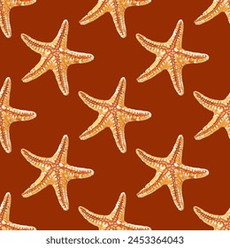 Starfish, red orange  sea star vector seamless pattern. Caribbean underwater animal. Starfish  echinoderms invertebrate wildlife creature. Aquatic animal.