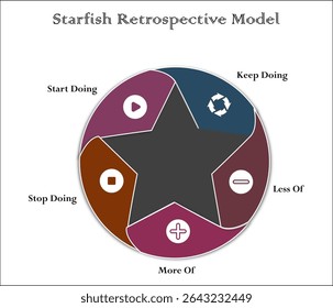 Starfish retrospective model. Infographic template with icons and description placeholder