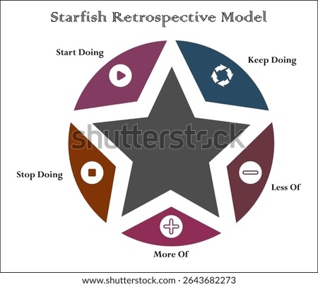 Starfish retrospective model. Infographic template with icons and description placeholder