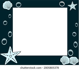 starfish and scallops and sponge Square frame vector illustration sea and underwater blue
