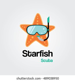 Starfish Scuba Logo Template. Starfish wearing scuba diving mask in flat design.