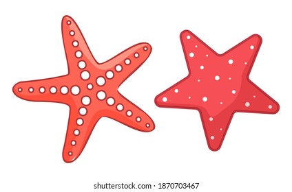 Starfish, sea or ocean symbols isolated at white, coral stars, sea creature, red organism with dotted sides, aquatic animal, marine, mollusk, summer tropical exotic object, wildlife, cartoon style