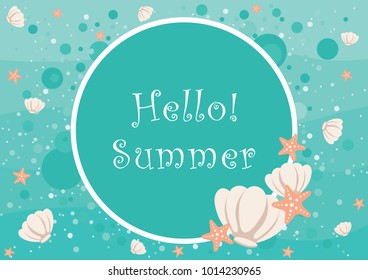 Starfish and sea shell circle frame vector design on ocean wave vector background.
