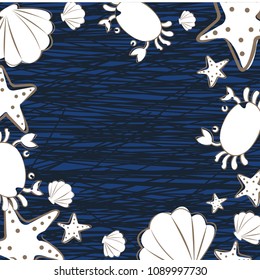 Starfish, sea shell and crab frame vector background.