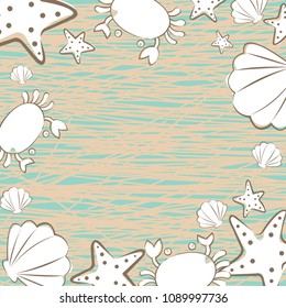 Starfish, sea shell and crab frame vector background.