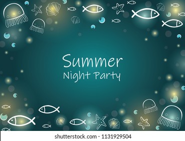 Starfish, sea shell, jellyfish and fish on summer night frame vector background.