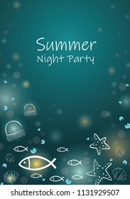 Starfish, sea shell, jellyfish and fish on summer night frame vector background.