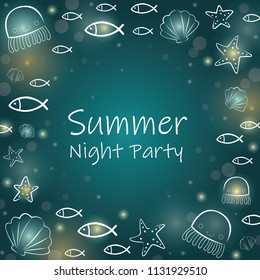 Starfish, sea shell, jellyfish and fish on summer night frame vector background.